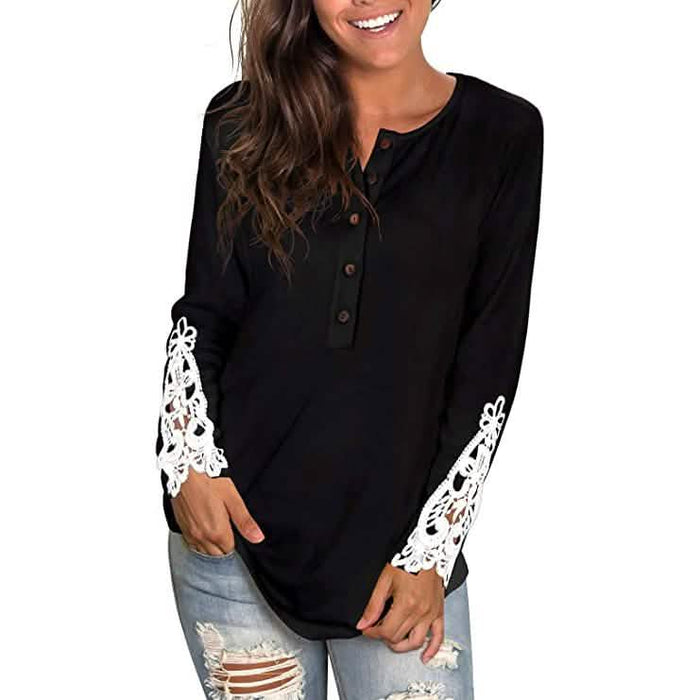 Women's Long Sleeve Solid Color Round Neck Lace Buttons Tunic Tops by DailySale