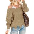 Women's Loose Knitted Sweater Long Sleeve V-Neck Ripped Pullover Sweaters Crop Top Knit Jumper by DailySale