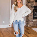 Women's Loose Knitted Sweater Long Sleeve V-Neck Ripped Pullover Sweaters Crop Top Knit Jumper by DailySale