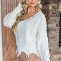 Women's Loose Knitted Sweater Long Sleeve V-Neck Ripped Pullover Sweaters Crop Top Knit Jumper by DailySale