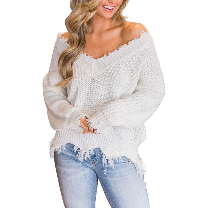 Women's Loose Knitted Sweater Long Sleeve V-Neck Ripped Pullover Sweaters Crop Top Knit Jumper by DailySale