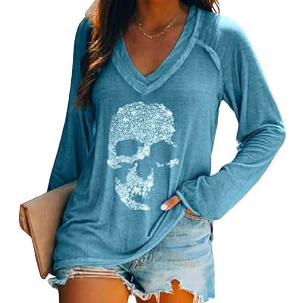 Women's Loose Skull Printed Long Sleeved V-neck Shirts Cotton Tops by DailySale