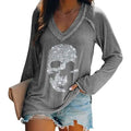 Women's Loose Skull Printed Long Sleeved V-neck Shirts Cotton Tops by DailySale