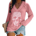 Women's Loose Skull Printed Long Sleeved V-neck Shirts Cotton Tops by DailySale