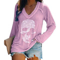 Women's Loose Skull Printed Long Sleeved V-neck Shirts Cotton Tops by DailySale
