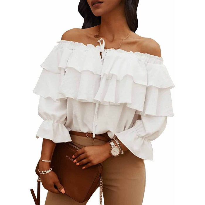 Women's Off Shoulder Ruffle Long Sleeve Shirt Casual Layered Top by DailySale