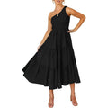 Womens One Shoulder Sleeveless Smocked Ruffle Tiered Beach Long Midi Dress by DailySale