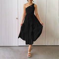Womens One Shoulder Sleeveless Smocked Ruffle Tiered Beach Long Midi Dress by DailySale