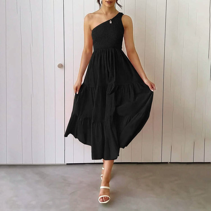 Womens One Shoulder Sleeveless Smocked Ruffle Tiered Beach Long Midi Dress by DailySale