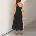 Womens One Shoulder Sleeveless Smocked Ruffle Tiered Beach Long Midi Dress by DailySale
