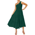 Womens One Shoulder Sleeveless Smocked Ruffle Tiered Beach Long Midi Dress by DailySale