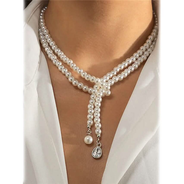 Women's Elegant Multi-Layered Faux Pearl Necklace, Boho Tassel Pendant, Dual-Strand Jewelry by DailySale