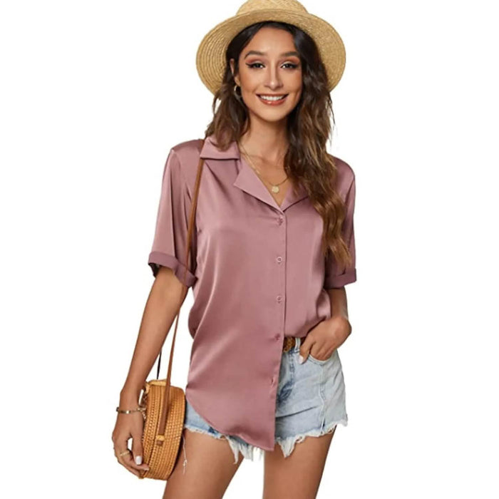 Women's Short Sleeve Casual Satin Button Down Shirt by DailySale