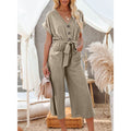 Women's Short Sleeve V Neck Button Belt Wide Leg Jumpsuit by DailySale
