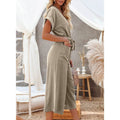 Women's Short Sleeve V Neck Button Belt Wide Leg Jumpsuit by DailySale