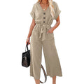 Women's Short Sleeve V Neck Button Belt Wide Leg Jumpsuit by DailySale