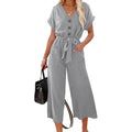 Women's Short Sleeve V Neck Button Belt Wide Leg Jumpsuit by DailySale
