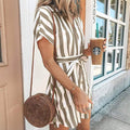 Womens Stripe Short Sleeve Wrap V Neck Button Front Tie Belted Dress by DailySale