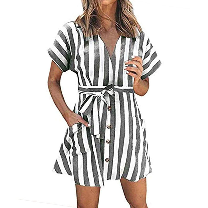 Womens Stripe Short Sleeve Wrap V Neck Button Front Tie Belted Dress by DailySale