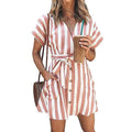Womens Stripe Short Sleeve Wrap V Neck Button Front Tie Belted Dress by DailySale