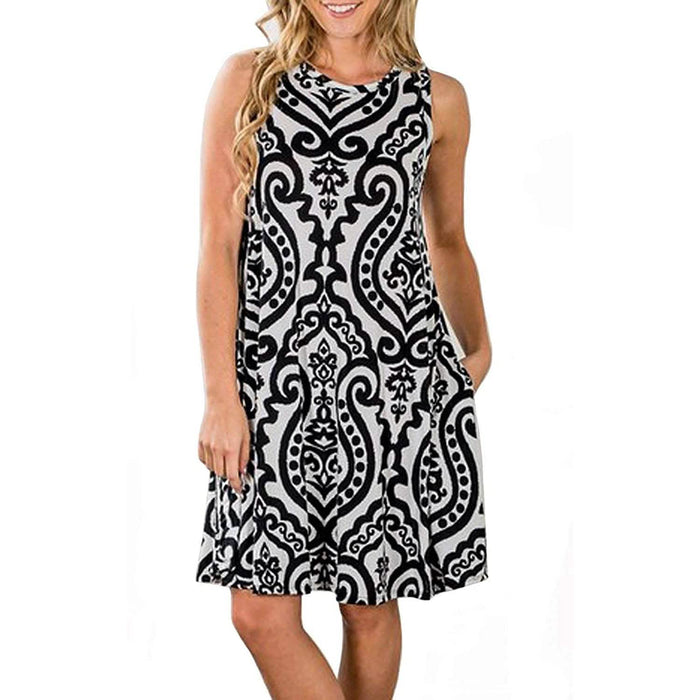 Women's Summer Sleeveless Damask Print Pocket Loose T-Shirt Cover Up Dress by DailySale