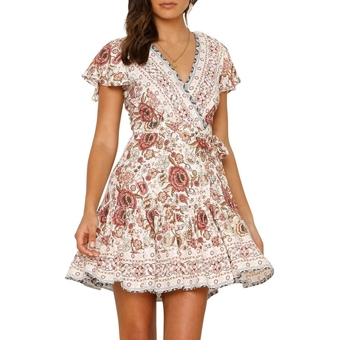 Women's Summer Wrap V Neck Bohemian Floral Print Mini Dress by DailySale