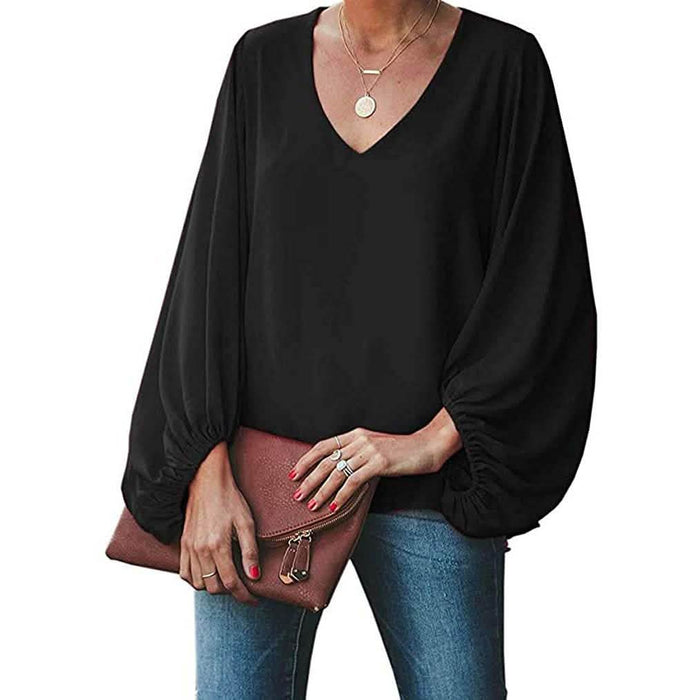 Womens V Neck Chiffon Blouses Casual Balloon Sleeve Floral Print Shirts Tops by DailySale