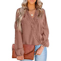 Women's V Neck Chiffon Lace Pom Pom Long Sleeve Top by DailySale