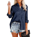 Women's V Neck Satin Embossed Roll Up Cuff Button Shirt Top by DailySale