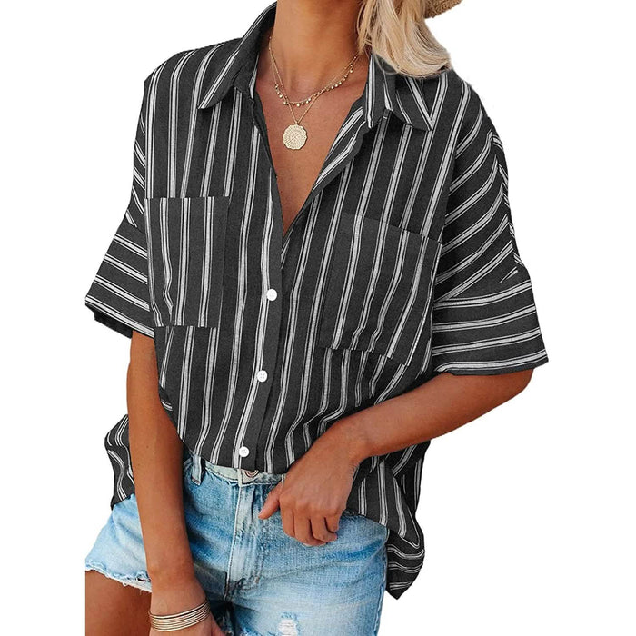 Women's V Neck Striped Roll Up Cuff Button Shirt Top by DailySale