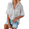 Women's V Neck Striped Roll Up Cuff Button Shirt Top by DailySale