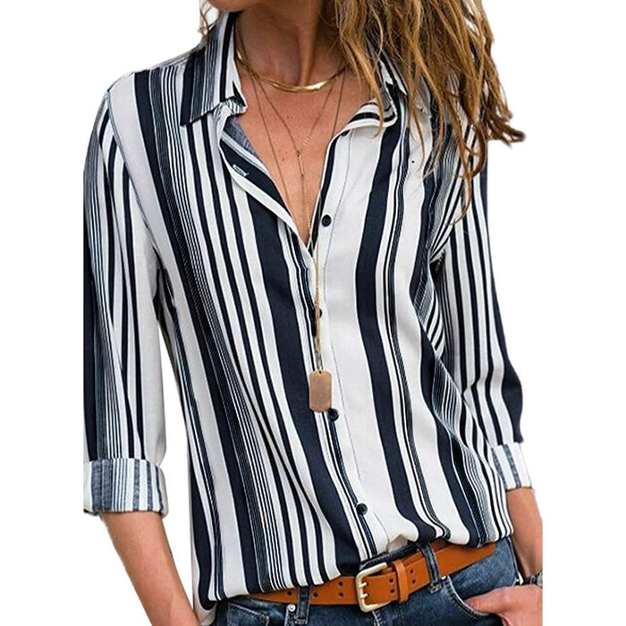 Womens V Neck Striped Roll up Sleeve Button Down Blouses Top by DailySale