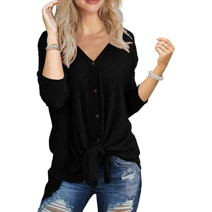 Womens Waffle Knit Tunic Blouse Tie Knot Henley Tops by DailySale