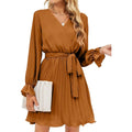Womens Wrap V Neck Pleated Long Sleeve Mini Dresses by DailySale