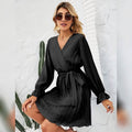 Womens Wrap V Neck Pleated Long Sleeve Mini Dresses by DailySale