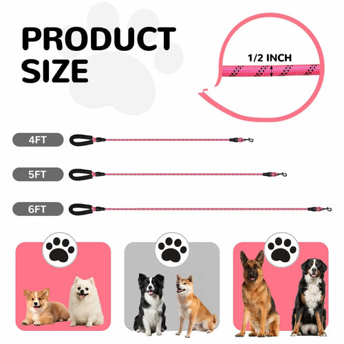 YALAVA Dog Leash 5FT Heavy Duty Reflective Nylon Rope Pink Padded Handle - Leashes & Head Collars