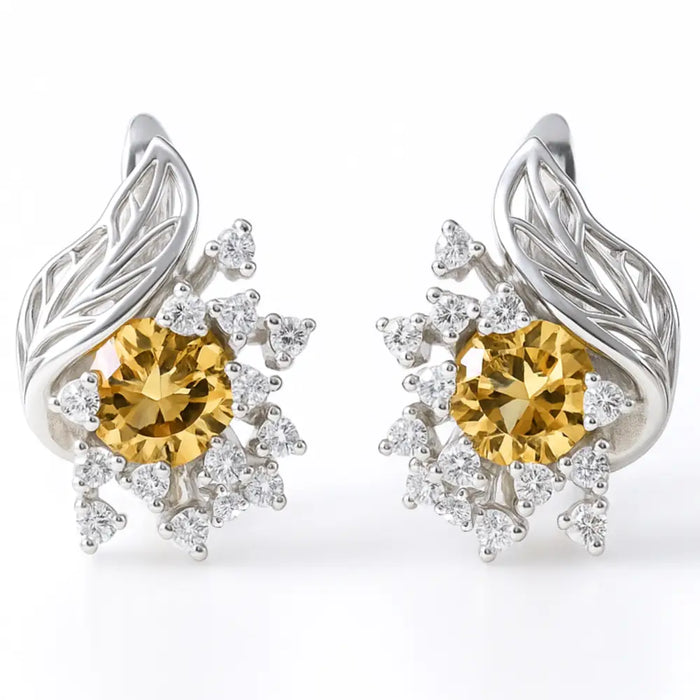 Yellow Natural Citrine Silver Floral Earrings by Fine Color Jewels